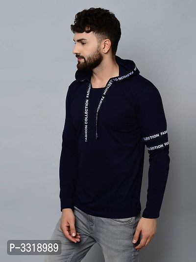 Men's Navy Blue Cotton Self Pattern Hooded Tees-thumb2