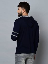 Men's Navy Blue Cotton Self Pattern Hooded Tees-thumb3