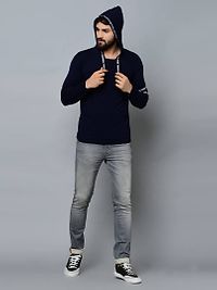 Men's Navy Blue Cotton Self Pattern Hooded Tees-thumb4