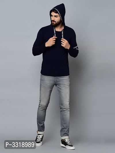 Men's Navy Blue Cotton Self Pattern Hooded Tees-thumb5