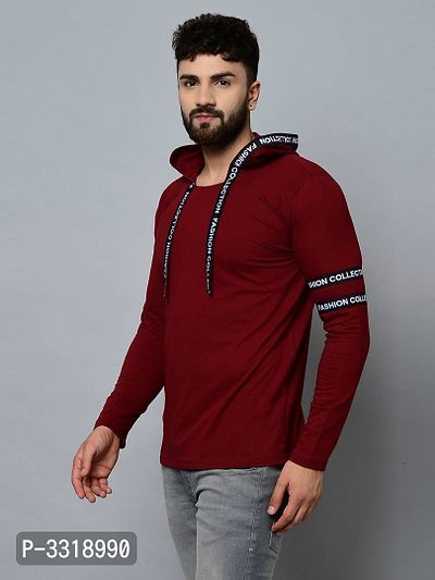 Men's Maroon Cotton Self Pattern Hooded Tees-thumb2