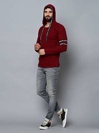 Men's Maroon Cotton Self Pattern Hooded Tees-thumb3