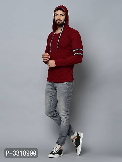 Men's Maroon Cotton Self Pattern Hooded Tees-thumb4