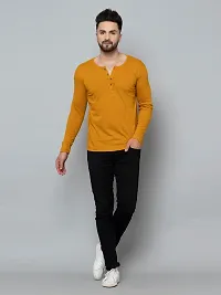 Men's Yellow Cotton Blend Solid Henley Tees-thumb2