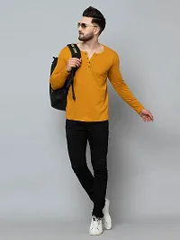 Men's Yellow Cotton Blend Solid Henley Tees-thumb3