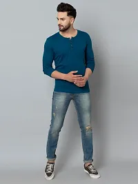 Men's Blue Cotton Blend Solid Henley Tees-thumb1