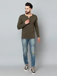 Men's Olive Cotton Blend Solid Henley Tees-thumb2