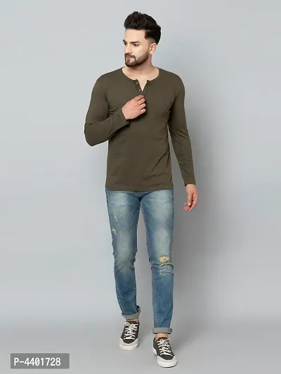 Men's Olive Cotton Blend Solid Henley Tees-thumb3