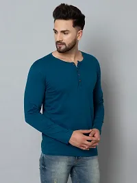 Men's Blue Cotton Blend Solid Henley Tees-thumb3