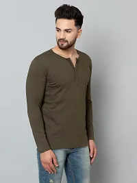 Men's Olive Cotton Blend Solid Henley Tees-thumb3