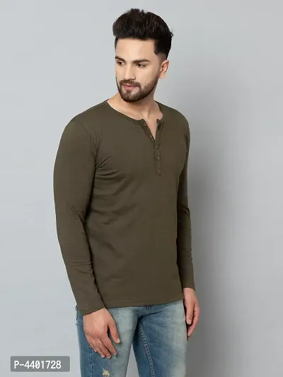 Men's Olive Cotton Blend Solid Henley Tees-thumb4