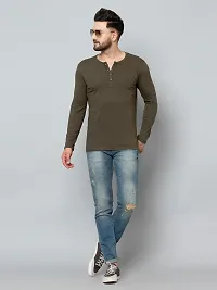 Men's Olive Cotton Blend Solid Henley Tees-thumb1