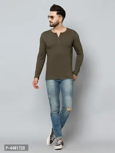 Men's Olive Cotton Blend Solid Henley Tees-thumb2