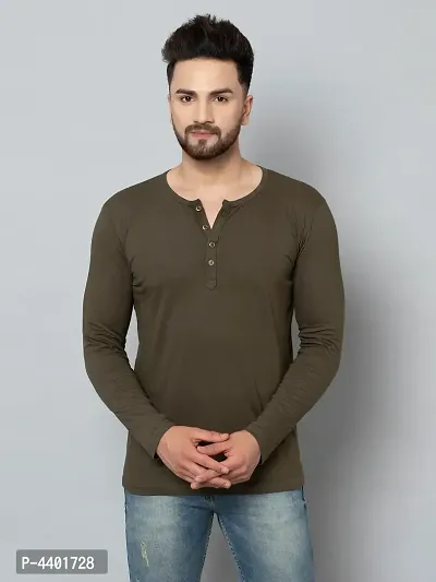 Men's Olive Cotton Blend Solid Henley Tees-thumb0