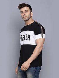 Men's Black Cotton Blend Self Pattern Round Neck Tees-thumb2