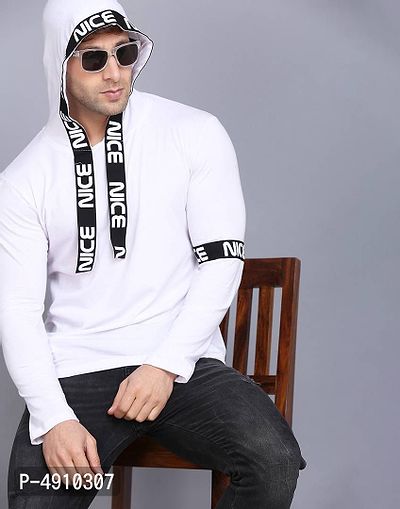 Stunning White Self Pattern Cotton Blend Hooded Tees For Men