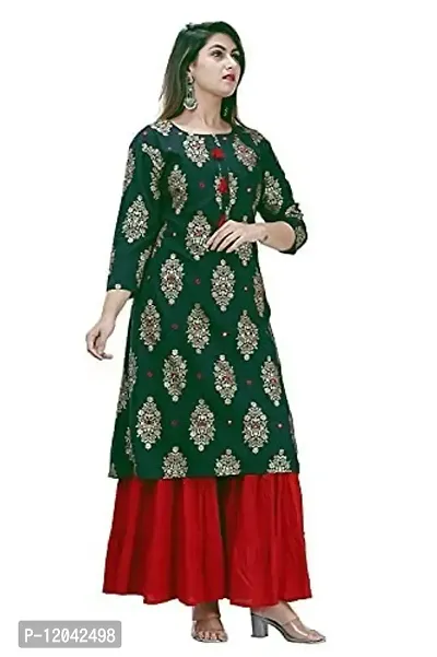 Women Straight Rayon Kurti And Sharara Set/Women A Line Kurti And Palazzo Set. (Medium, Green)-thumb2