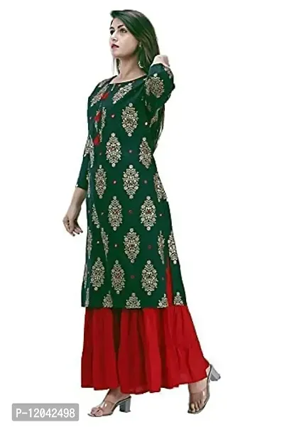 Women Straight Rayon Kurti And Sharara Set/Women A Line Kurti And Palazzo Set. (Medium, Green)