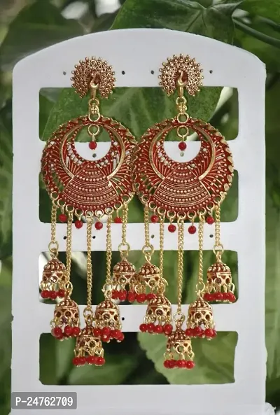 SAYONA ART Pearl diamond earrings Copper Stud Earring Traditional Jhumka For Women (Red}-thumb2