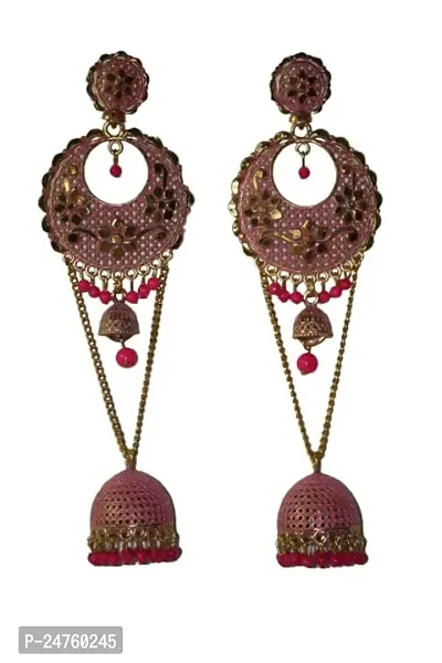 SAYONA ART Pearl diamond earrings Copper Stud Earring,Traditional Jhumka For Women (Pink)-thumb0