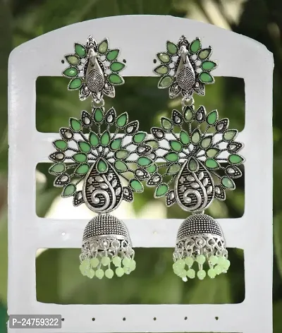 SAYONA ART Pearl diamond earrings Copper Stud Earring, Traditional Jhumka For Women (Green)-thumb2