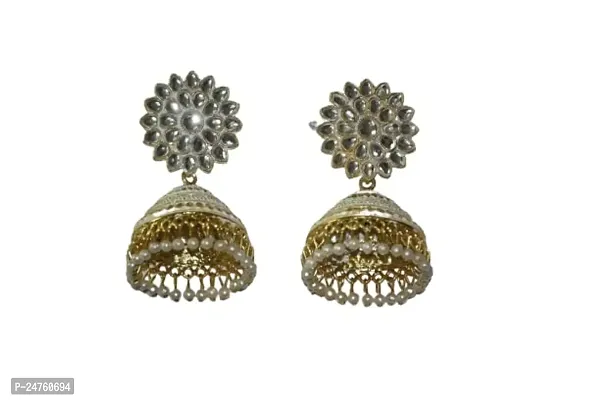 SAYONA ART Pearl diamond earrings Copper Stud Earring Traditional Jhumka For Women (White).