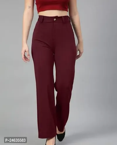 Women Regular Fit Maroon Cotton Blend Trousers-thumb2