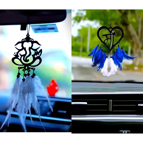 HOME FABLE Dream Catcher for Car Interior Rearview Mirror Hanging Decor Made Acrylic and Nature Feather (Pack of 2)