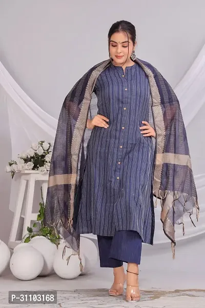 Stylish Blue Cotton Kurta, Bottom And Dupatta Set For Women-thumb0