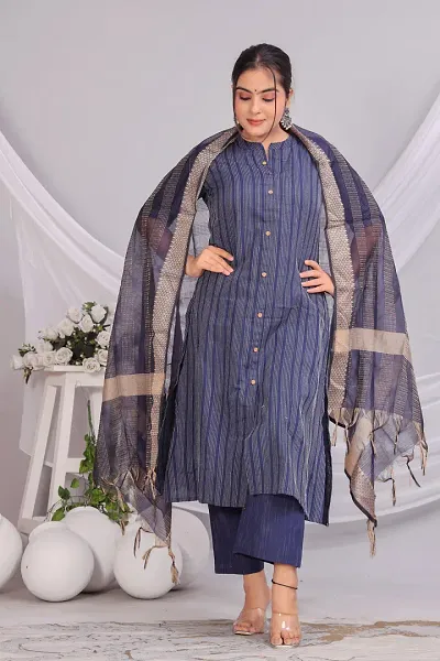 Stylish Cotton Kurta, Bottom And Dupatta Set For Women