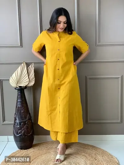 Elegant Yellow Striped Cotton Kurta with Palazzo Set For Women-thumb0