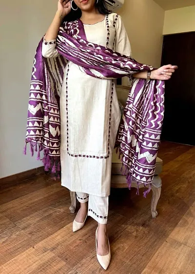 Stylish Khadi Cotton Embroidered Kurta Bottom And Dupatta Set For Women