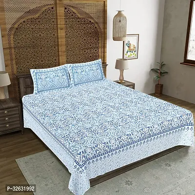 Beautiful Blue Cotton Floral Print 1 Bedsheet + 2 Pillowcovers