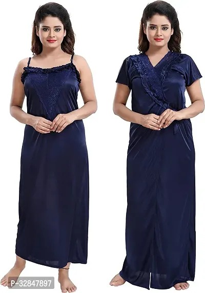 Elegant Satin Embroidered Nighty with Robe for Women