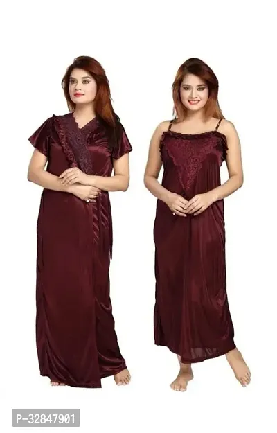 Elegant Satin Embroidered Nighty with Robe for Women-thumb0