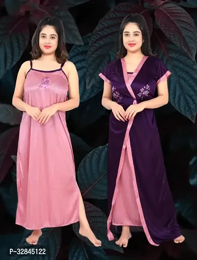 Stylish Satin Printed Nighty with Robe for Women-thumb0