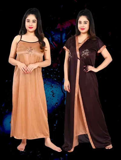 Classy Satin Solid Nighty with Robe For Women