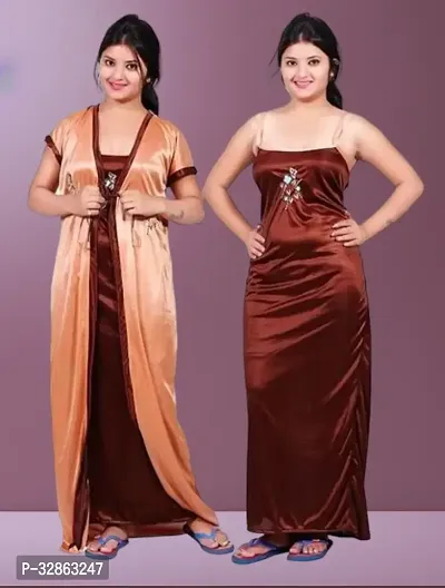 Elegant Satin Embroidered Nighty with Robe for Women-thumb0