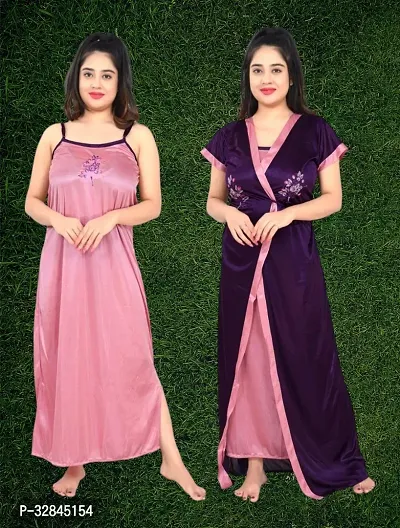 Stylish Satin Printed Nighty with Robe for Women-thumb0