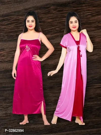 Stylish Satin Printed Nighty with Robe for Women-thumb0