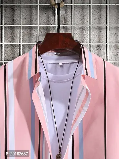 Reliable Pink Polyester Blend Striped Casual Shirt For Men-thumb4