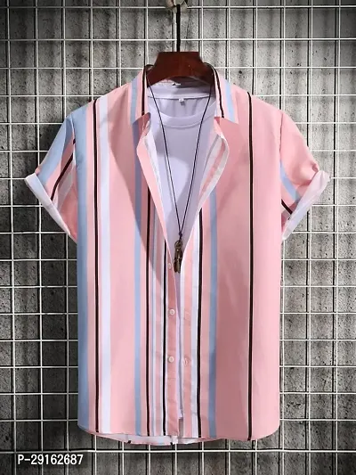 Reliable Pink Polyester Blend Striped Casual Shirt For Men-thumb0
