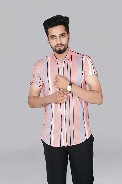Men's Multicolor Striped Poly Rayon Digital Print Stitched Shirt
