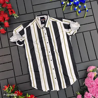 Reliable White Polyester Blend Striped Casual Shirt For Men-thumb0