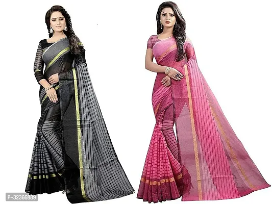 Beautiful Polycotton Striped Women Saree without Blouse piece-Pack Of 2-thumb0