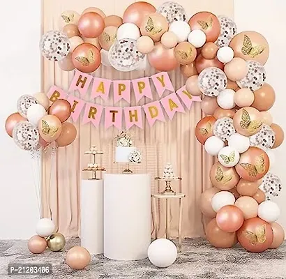 Rose Gold Birthday Decoration Items - Pack of 74 with Golden 3D Butterflies | Birthday Decorations for Girls with Rose Gold Confetti Balloons | Pink Happy birthday Banner