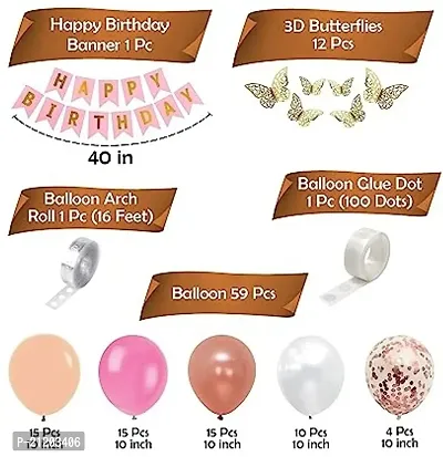 Rose Gold Birthday Decoration Items - Pack of 74 with Golden 3D Butterflies | Birthday Decorations for Girls with Rose Gold Confetti Balloons | Pink Happy birthday Banner-thumb2