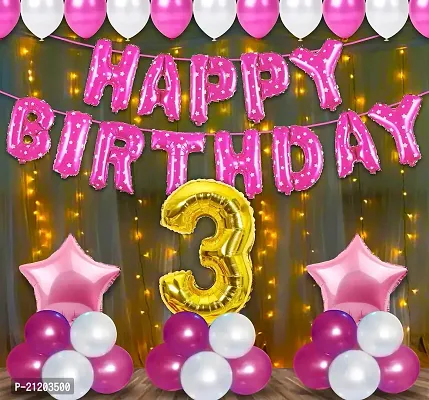 3rd Birthday Decoration Items For Baby,Girls With Fairy Lights - 57Pcs Pink Third Birthday Decoration - For 3 Year material FOIL, LATEX, RUBBER