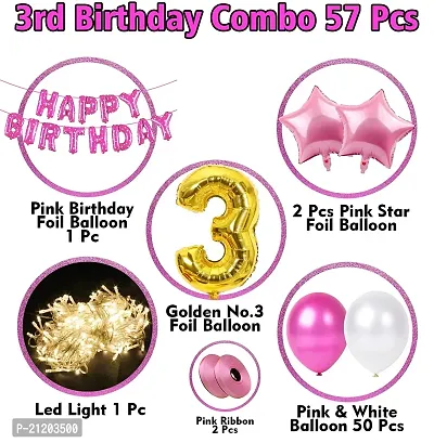 3rd Birthday Decoration Items For Baby,Girls With Fairy Lights - 57Pcs Pink Third Birthday Decoration - For 3 Year material FOIL, LATEX, RUBBER-thumb2