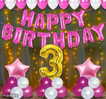 3rd Birthday Decoration Items For Baby,Girls With Fairy Lights - 57Pcs Pink Third Birthday Decoration - For 3 Year material FOIL, LATEX, RUBBER-thumb0